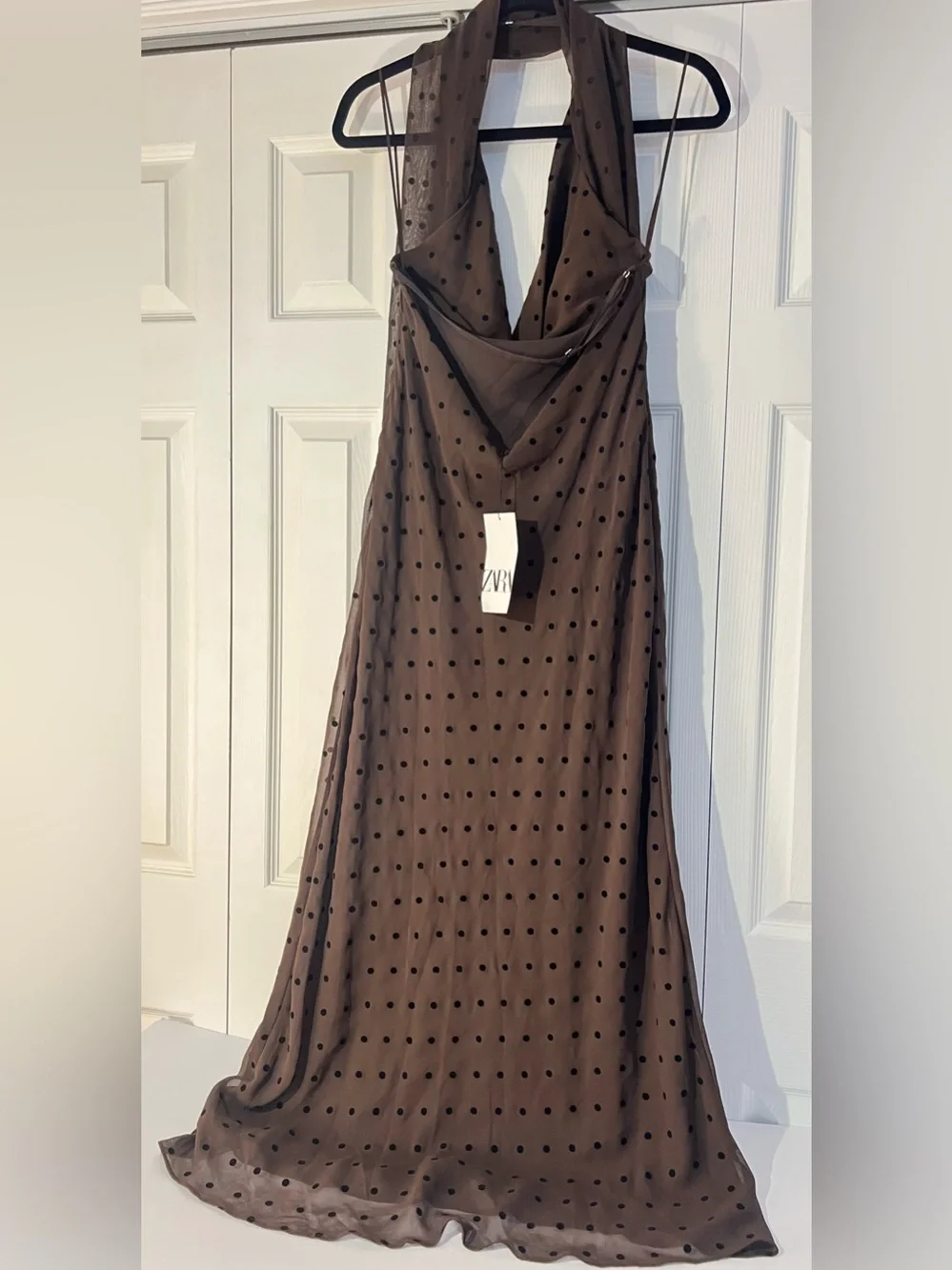 Zara Brown Polka-Dot Halter Maxi Dress w Scarf. M NWT - Picture 14 of 17